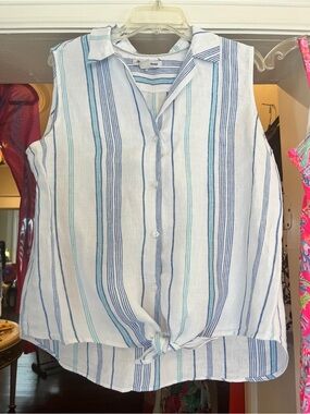 Tommy Bahama Sleeveless Button-Front Tie Hem Top - White & Blue Stripes Size L